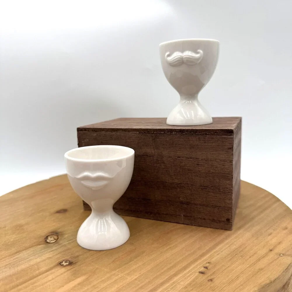 Jonathan Adler Mr. & Mrs. Muse Egg O Cups Whimsical fun white mustache lips uniq